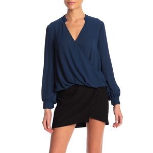 Topshop Navy V-Neck Long Sleeve Blouse